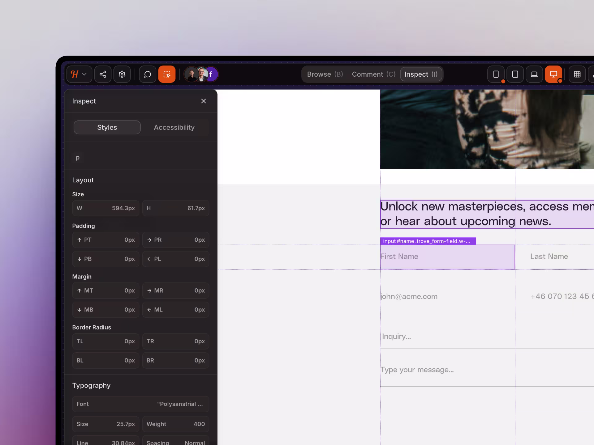 Interface showing inspect mode with rulers and spacing guides.