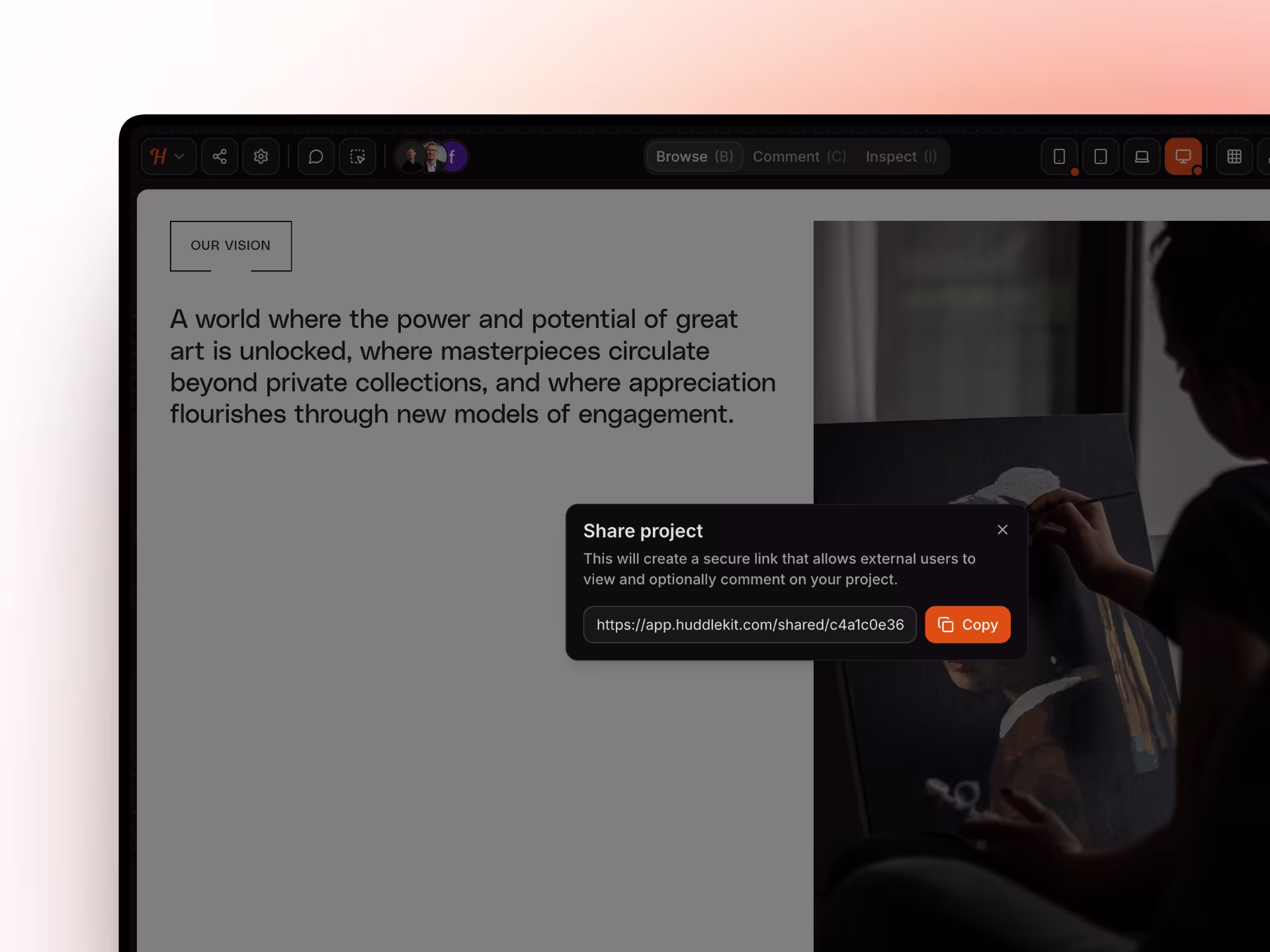 Screenshot of a share project view with collaboration options.
