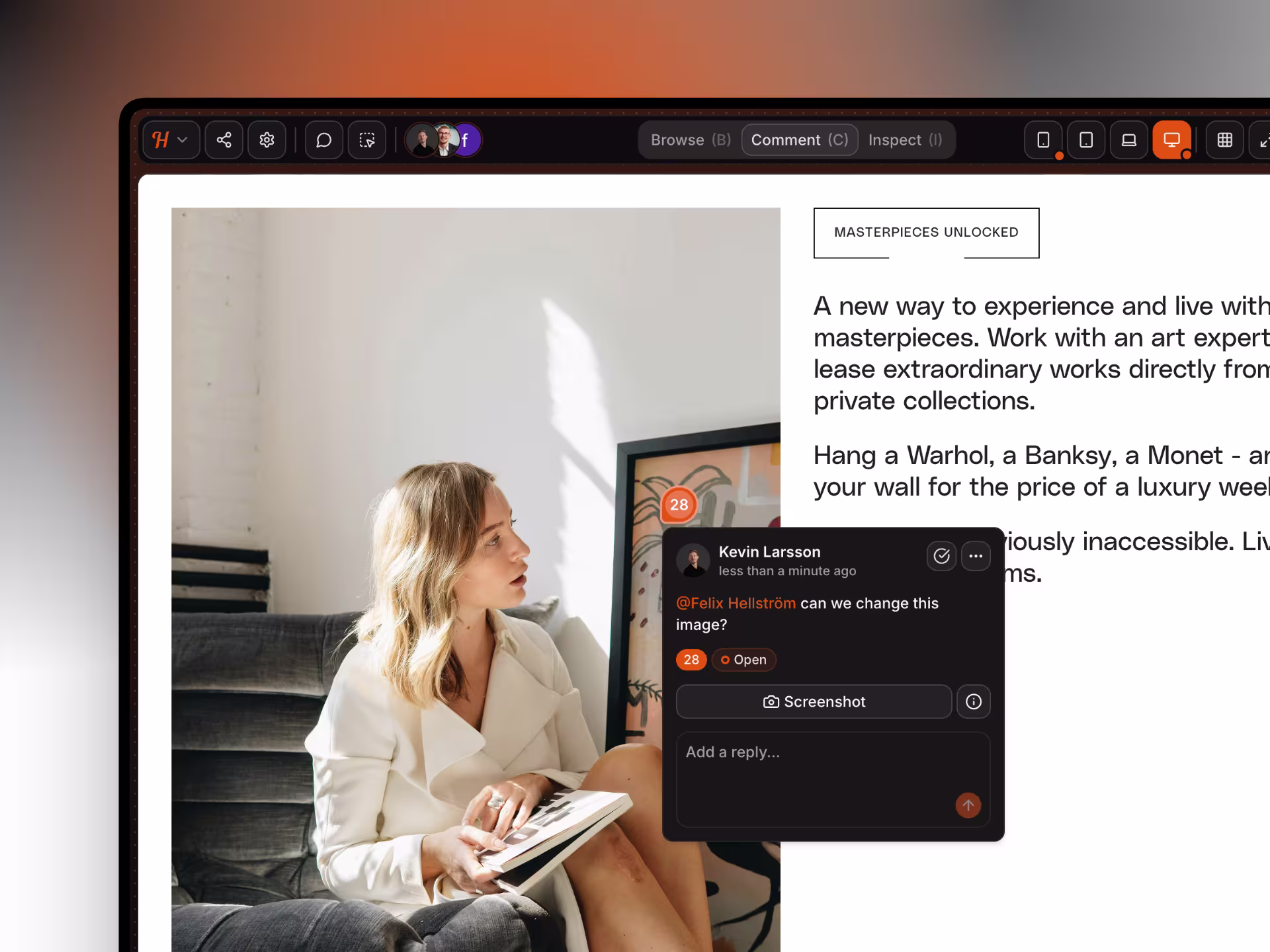 Screenshot showing website annotation comments placed directly on a page.
